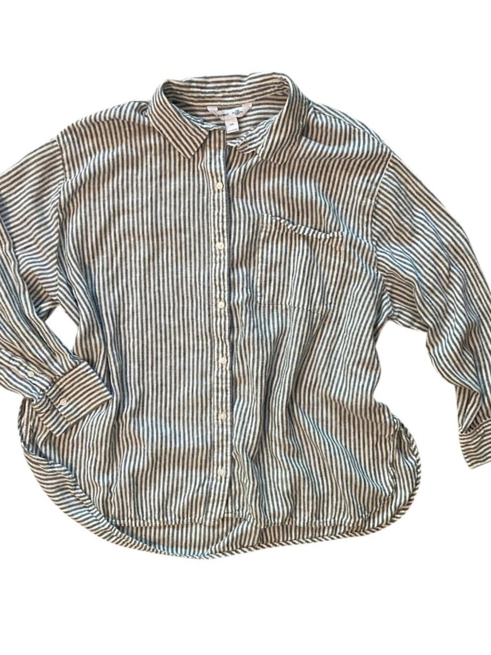 Women's OLD NAVY Coastal Linen-Blend Striped Button-Up Boyfriend Shirt XXL Blue